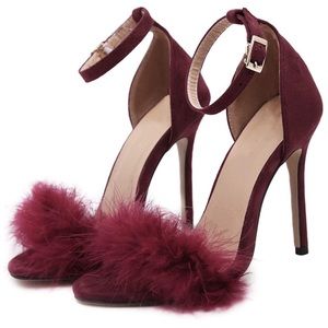 Burgundy Fluffy Fuzzy Open Toe Ankle Strap Heels
